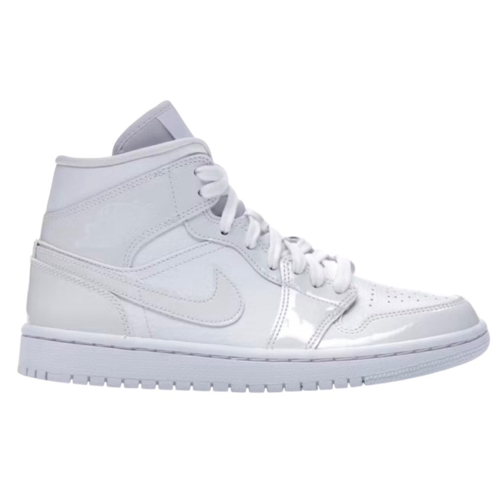 Nike Jordan 1 Mid Triple White Patent Swoosh (Women's) Size 9